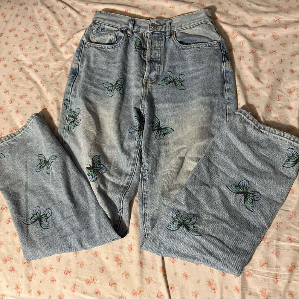 PacSun Light Blue Straight Leg Jeans with Green Butterfly Embroidery